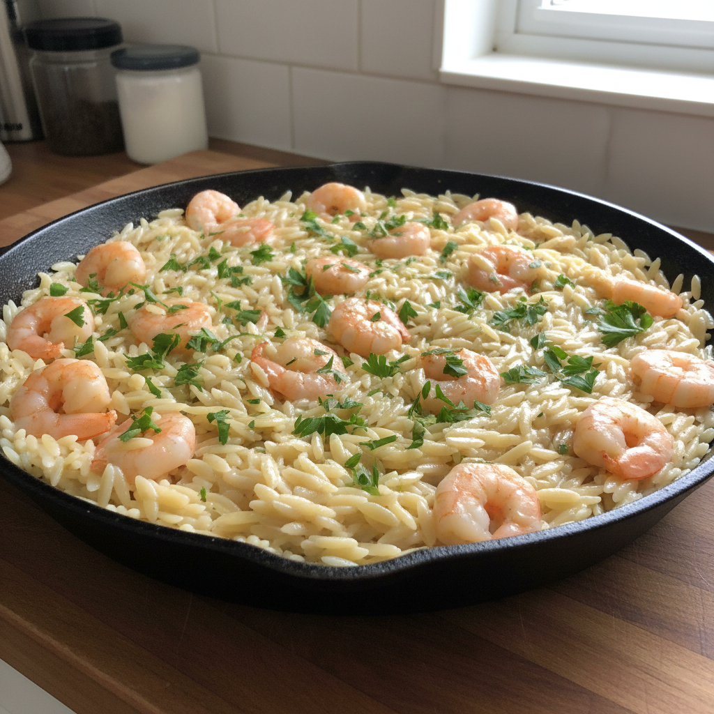 One-Pot Garlic Butter Prawn Orzo – Quick & Easy Dinner