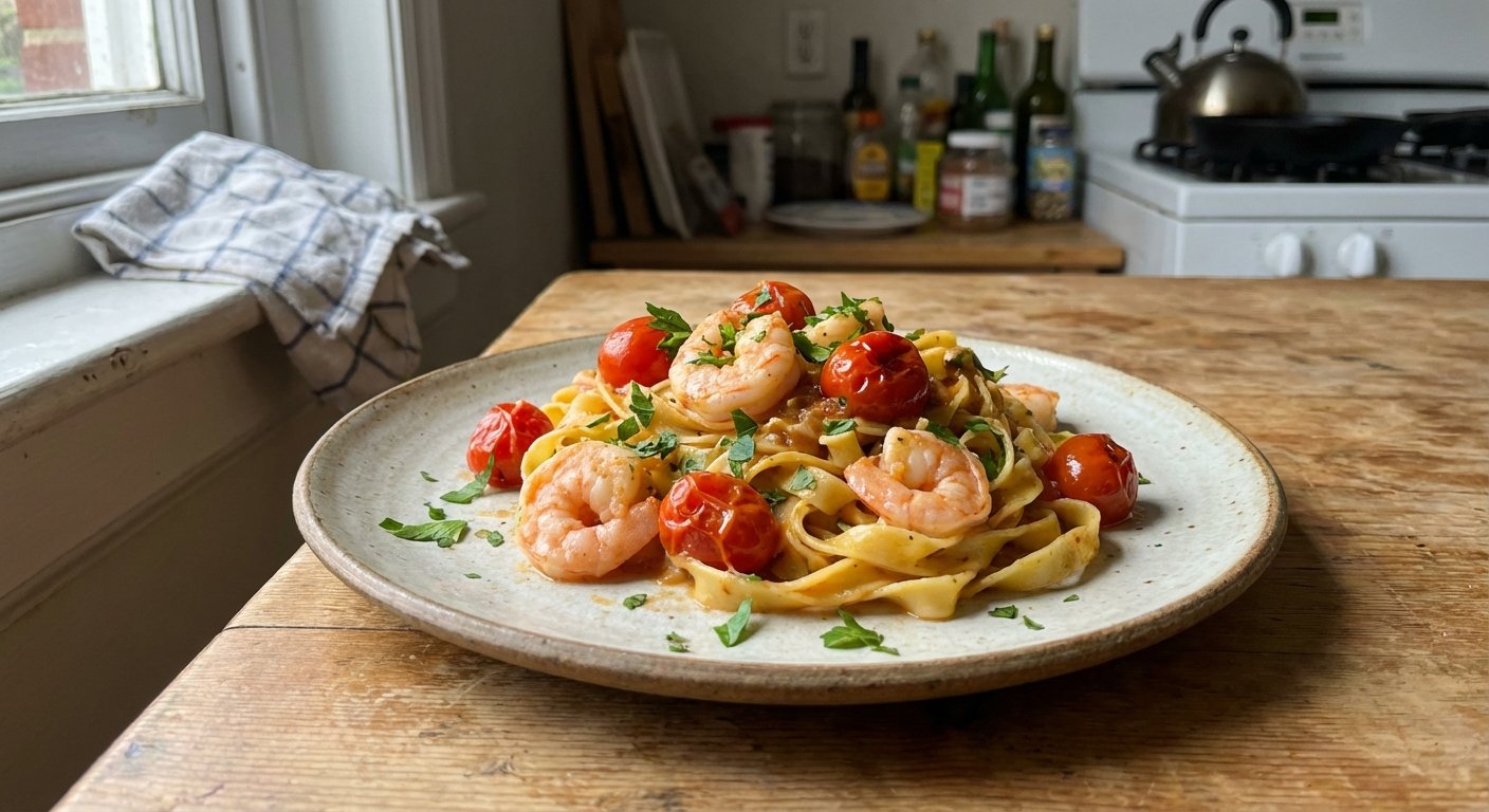 Quick Tagliatelle with Prawns & Cherry Tomatoes | Easy Dinner