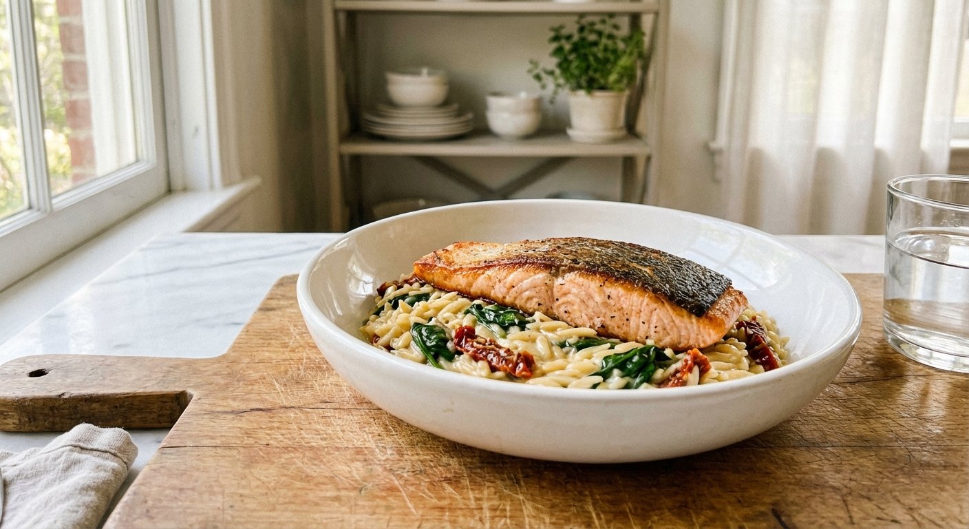 Quick Tuscan Salmon with Creamy Orzo & Spinach