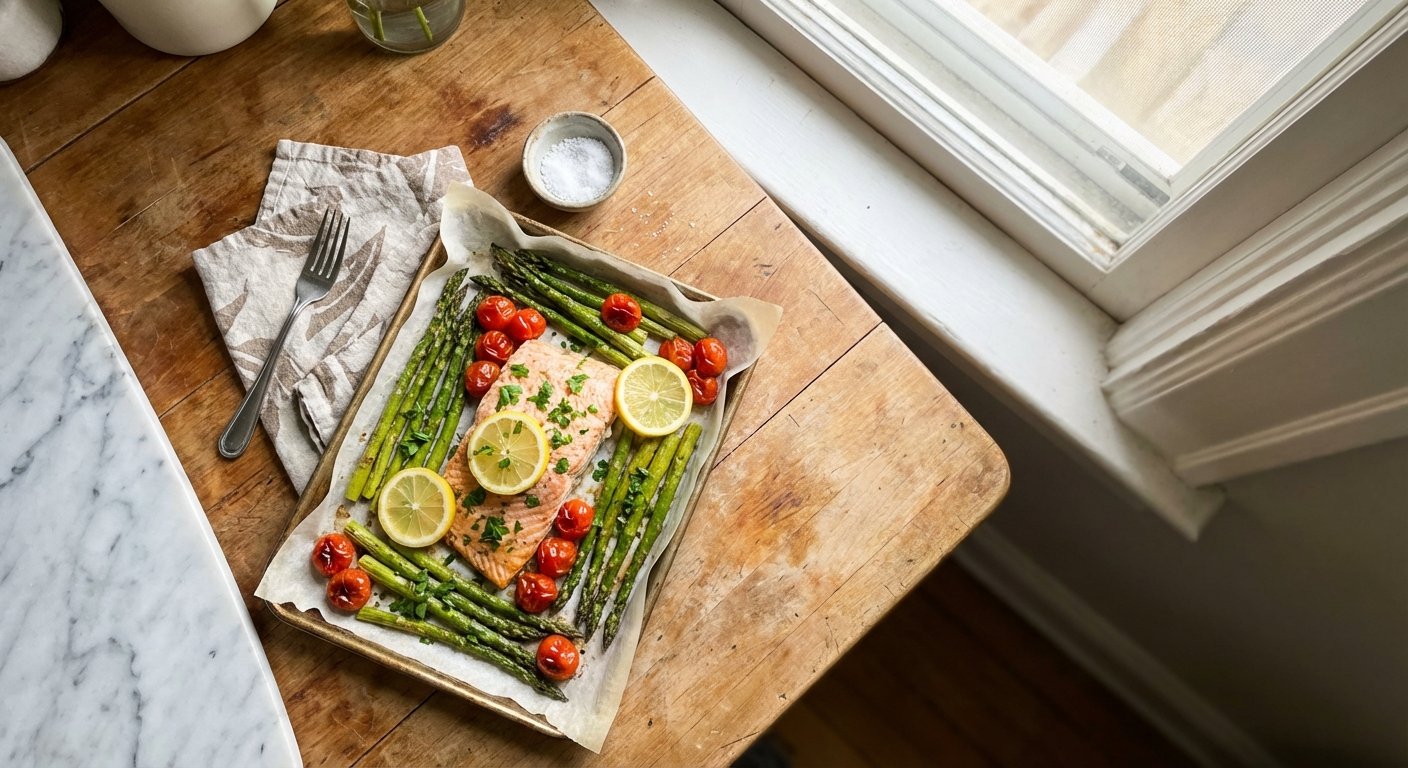 Quick One-Pan Salmon Dinner with Asparagus & Tomatoes