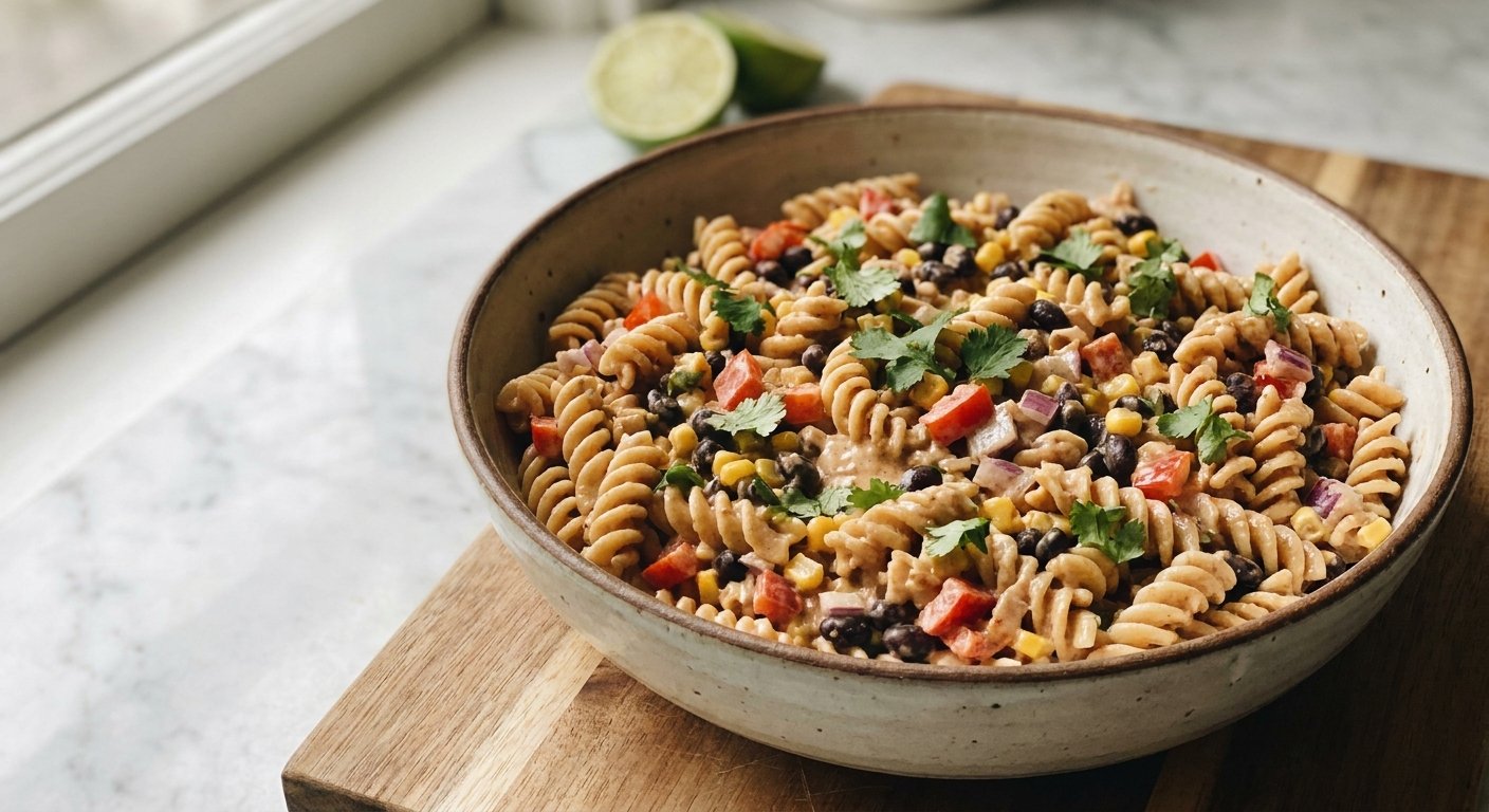 Quick Southwestern Pasta Salad with Black Bean Dressing