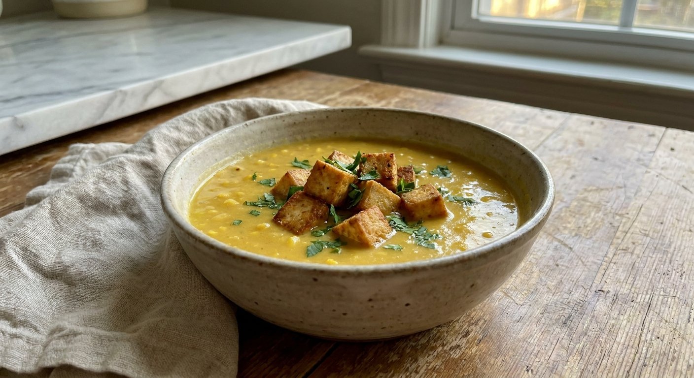 Creamy Sweetcorn Soup with Crispy Tofu – Easy Dinner