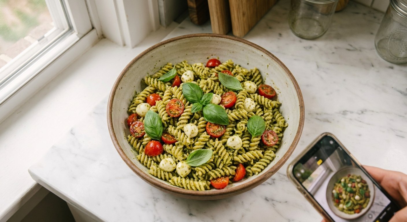 Quick Pesto Pasta with Cherry Tomatoes & Mozzarella