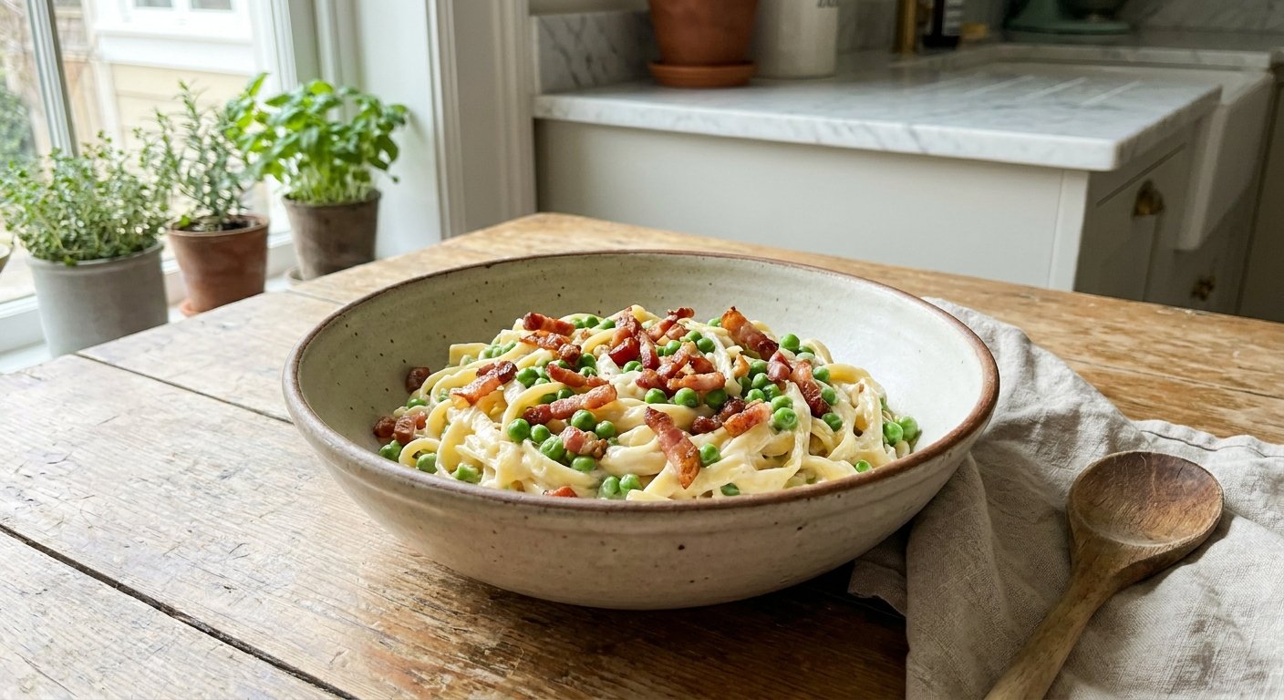 Quick & Easy Creamy Pancetta Pasta with Peas – Dinner Ready