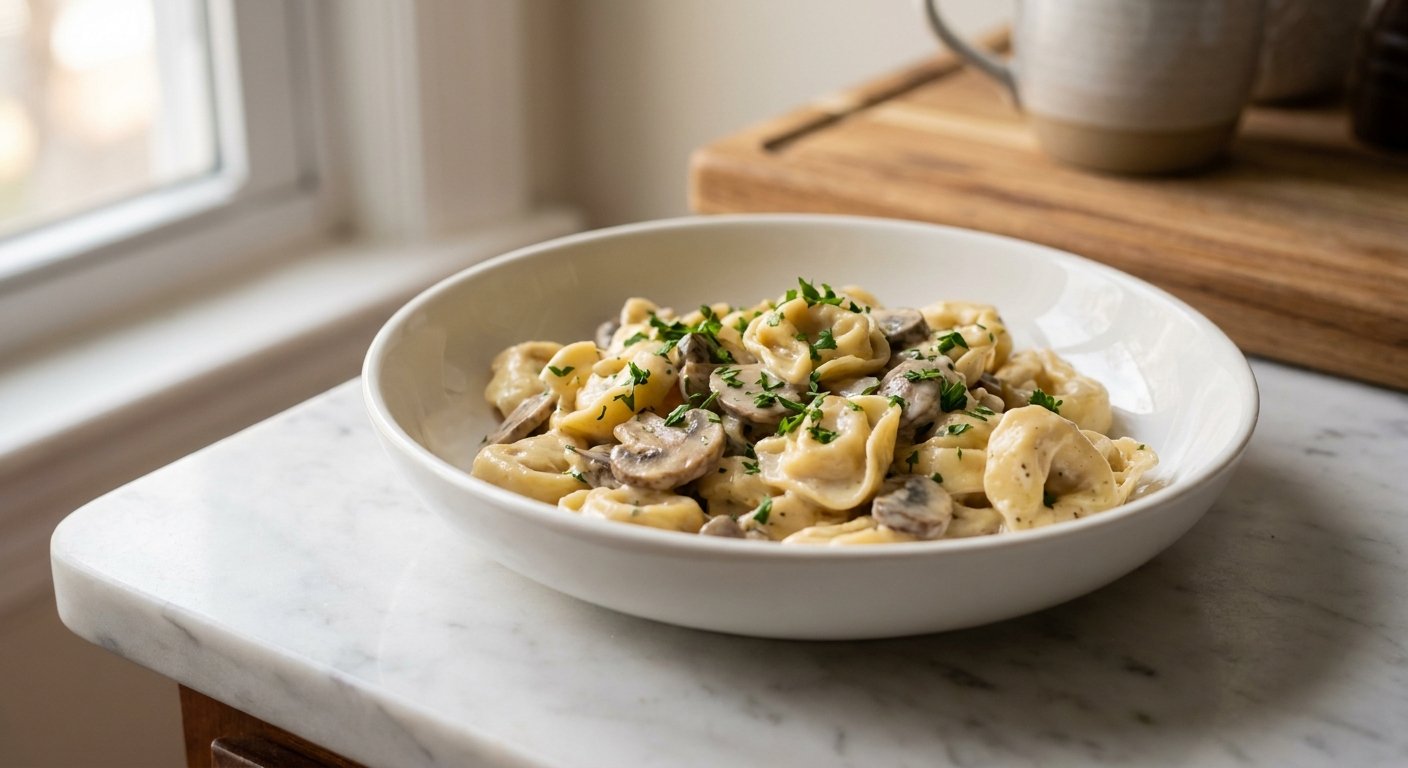 Quick Creamy Tortellini with Mushrooms & Garlic